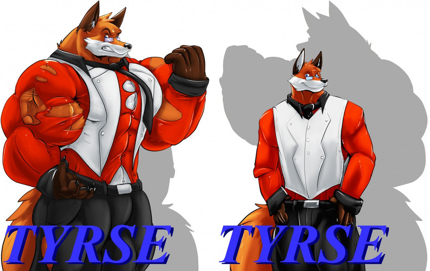 5_fingers anthro badge belt big_muscles bottomwear clothing eyewear fingers glasses grin hand_on_hip huge_muscles hyper hyper_muscles looking_at_viewer male muscular muscular_anthro muscular_male necktie pants simple_background smile solo suit text torn_clothing white_background fierglief tyrse canid canine fox mammal red_fox true_fox 2015