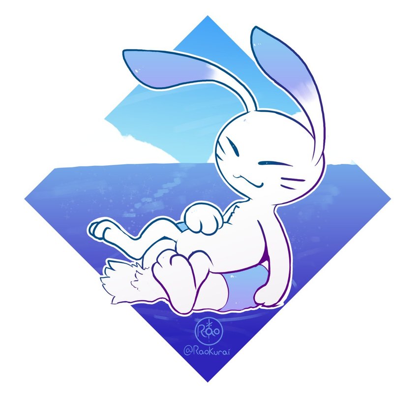 3_fingers 3_toes ambiguous_gender blue_body blue_fur border eyes_closed feet fingers floatie fur happy inflatable lying on_back sea soles solo toes water white_body white_border white_fur raokurai 2024_pokemon_gigaleak beta_pokemon_games nintendo pokemon beta_pokemon_(species) lagomorph mammal warabbit 2024 english_description