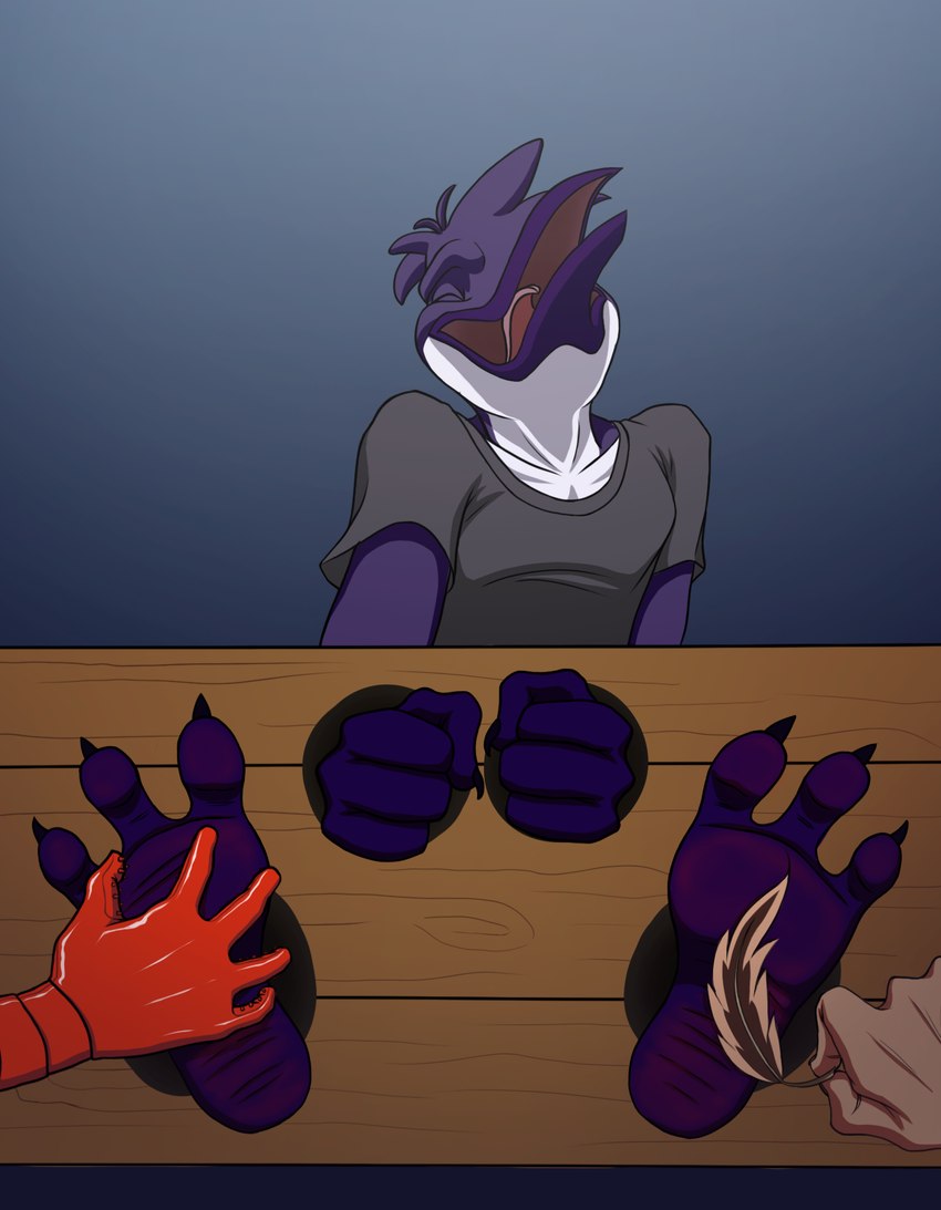 4_fingers 4_toes anthro claws clothing feet fingers group holding_feather humanoid_feet laugh male plantigrade restraints shirt simple_background soles stocks t-shirt tickling tickling_feet toe_claws toes topwear trio wrinkled_feet wrinkles pinwin jack_(pinwin) hi_res