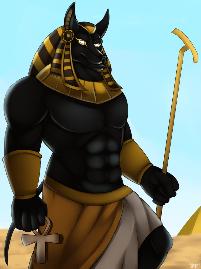 anthro black_body black_fur desert desolate fandragonbrugutga fur gold_(metal) male muscular muscular_anthro muscular_male solo white_eyes egyptian_mythology middle_eastern_mythology mythology anubis anubian_jackal canid canine canis deity jackal mammal 3:4 hi_res