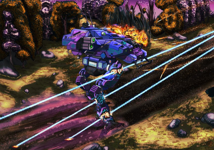 battle burning damage debris destruction explosion fire laser machine mecha missile not_furry outside ranged_weapon science_fiction space vehicle walker weapon fleety_(artist) battletech mechwarrior locust_(battletech) robot hi_res