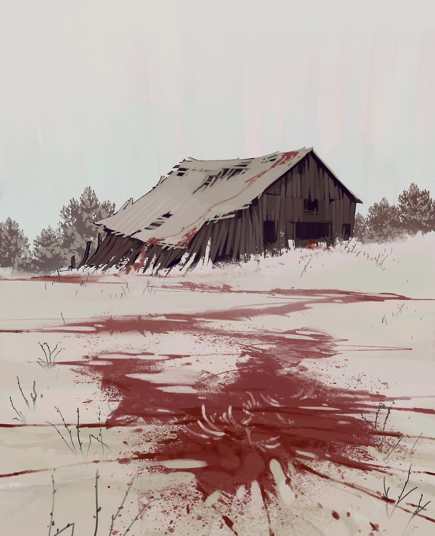 barn blood blood_splatter bodily_fluids bone cloud day evergreen_tree gore outside pine_tree plant snow tree zero_pictured carmesjocelin digital_media_(artwork) digital_painting_(artwork) hi_res