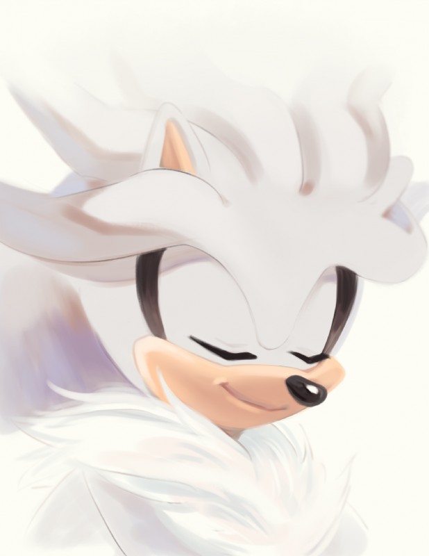 anthro eyes_closed fur grey_body grey_fur male simple_background smile solo tuft white_background white_body white_fur freedomfightersonic sega sonic_the_hedgehog_(series) silver_the_hedgehog eulipotyphlan hedgehog mammal hi_res