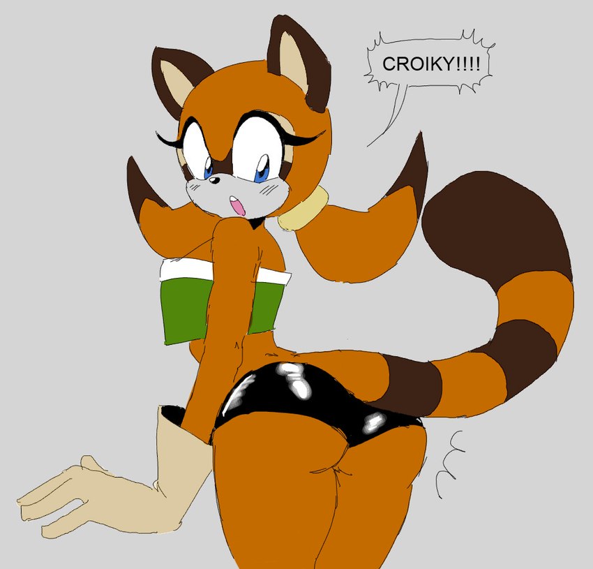 anthro big_butt blue_eyes blush butt clothed clothing female gloves handwear looking_at_own_butt skimpy solo text wide_hips fuckwolfamy sega sonic_the_hedgehog_(series) marine_the_raccoon mammal procyonid raccoon