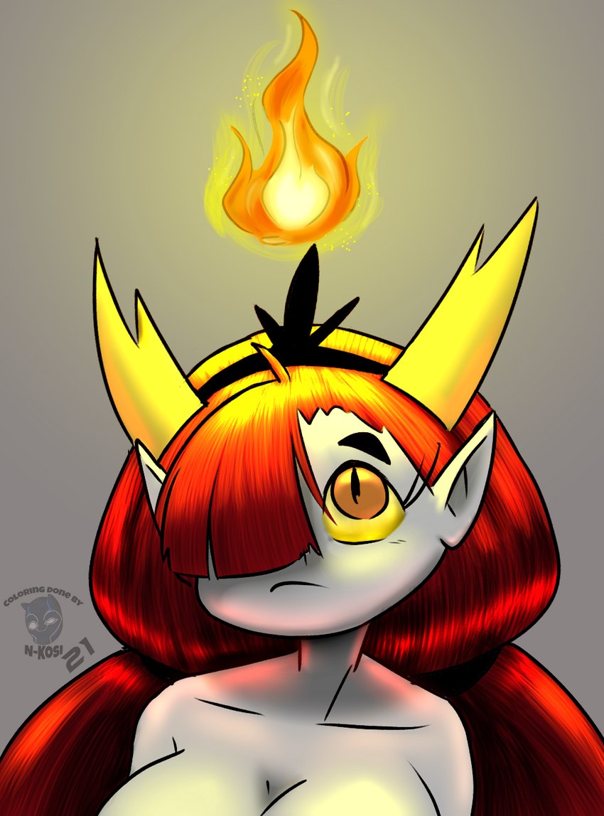 big_breasts breasts crown female fire grey_background hair hair_over_eye headgear horn humanoid_pointy_ears long_hair looking_up one_eye_obstructed orange_eyes pointy_ears pupils red_hair simple_background slit_pupils solo tiara white_body yellow_sclera erobuggy n-kosi disney star_vs._the_forces_of_evil hekapoo demon horned_humanoid humanoid 2021 hi_res signature