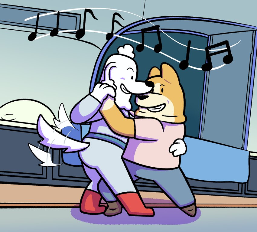 anthro dancing duo male male/male romantic smile smiling_at_another smiling_at_each_other space spaceship_interior grolarbearsins dogs_in_space garbage_(dogs_in_space) happy_(dogs_in_space) canid canine canis domestic_dog herding_dog mammal pastoral_dog poodle welsh_corgi hi_res