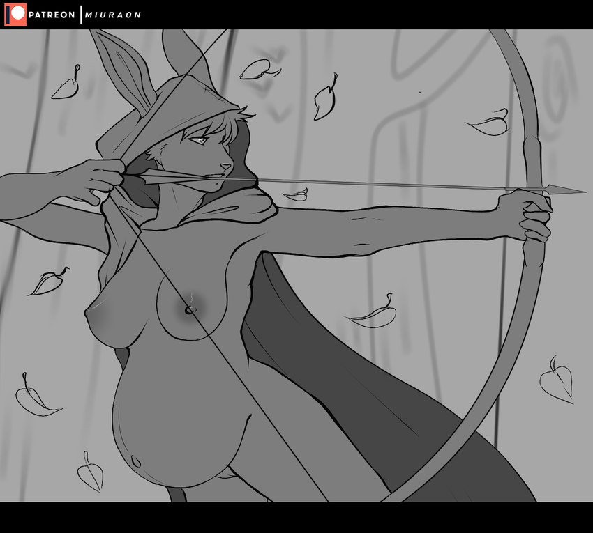 5_fingers anthro areola arrow_(weapon) big_breasts black_bars bow_(weapon) breasts cloak clothing falling_leaves female fingers genitals holding_object holding_weapon hood hood_up leaf narrowed_eyes navel nipples nude nude_anthro nude_female plant pregnant pregnant_anthro pregnant_female pussy ranged_weapon solo tree weapon miuraon nim_(underwatch66) lagomorph leporid mammal rabbit hi_res letterbox