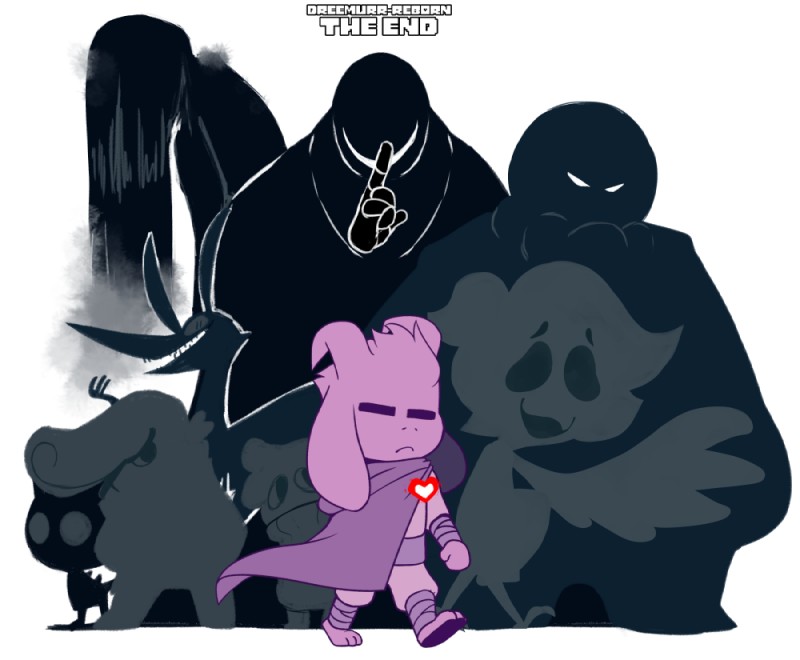 anthro cape clothed clothing eyes_closed fur group heart_symbol long_ears simple_background smile splash_art text white_background white_body white_fur fatz_geronimo undertale undertale_(series) asriel_dreemurr gaster boss_monster_(undertale) bovid caprine goat mammal