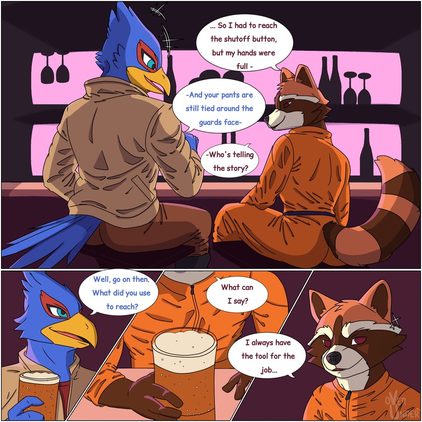 alcohol anthro bar beak beer beverage blue_body blue_feathers border brown_body brown_fur butt clothed clothing dialogue duo feathers fur male open_mouth simple_background smile speech_bubble tail text white_border overunder guardians_of_the_galaxy marvel nintendo star_fox falco_lombardi rocket_raccoon avian bird mammal procyonid raccoon 1:1 comic english_text hi_res