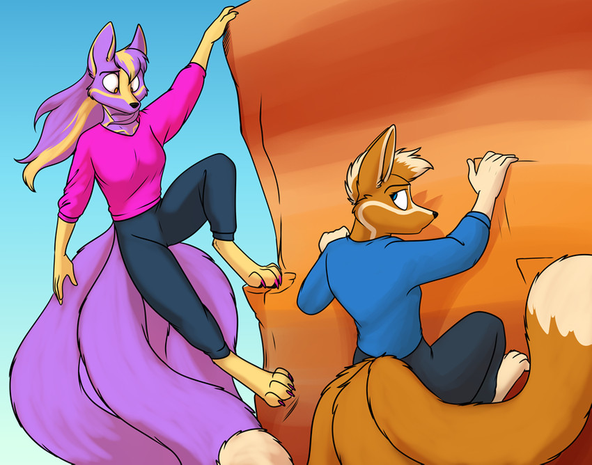 anthro breasts clothed clothing duo female fur gradient_background multi_tail orange_body orange_fur purple_body purple_fur rock_climbing simple_background tail foxenawolf gluneria_fullin kaari canid canine dreamspinner fox mammal