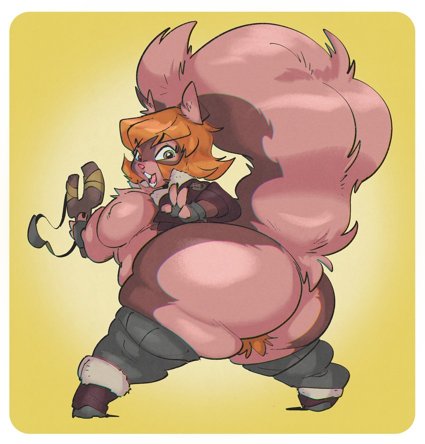 anthro big_butt bottomless brown_body brown_fur butt clothed clothing female fur green_eyes hair huge_butt huge_thighs looking_back mostly_nude open_mouth open_smile orange_hair pubes ranged_weapon simple_background slingshot smile solo thick_thighs weapon slb marvel squirrel_girl_(marvel) mammal rodent sciurid tree_squirrel 2024 absurd_res hi_res