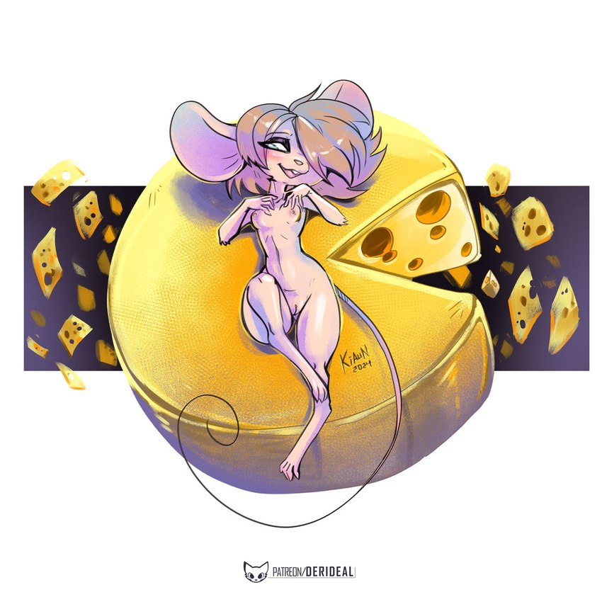 anthro blue_eyes blush breasts cheese cheese_wheel dairy_products female food genitals hair lying navel nipples nude on_back open_mouth pink_nose pussy solo tail kiaun derideal pixi_(derideal) mammal mouse murid murine rodent 1:1 2024 hi_res