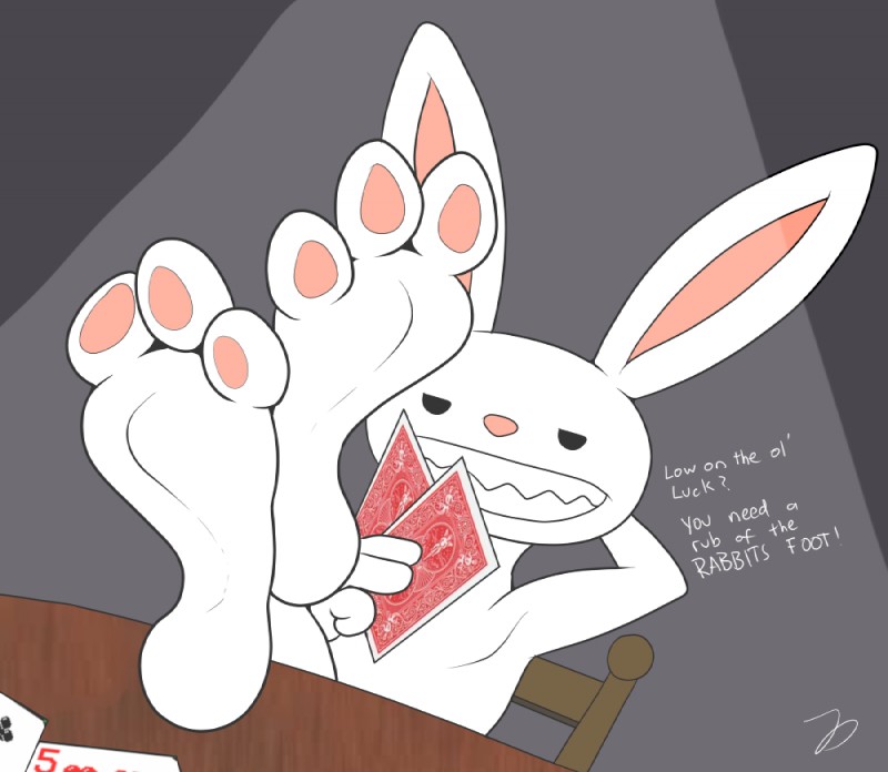 3_toes anthro barefoot biped card card_game chair clubs_(suit) crossed_ankles dialogue feet five_of_hearts foot_focus foot_on_table furniture gaming grey_background hand_behind_head heart_symbol hearts_(suit) hindpaw holding_card holding_object inside light long_ears looking_at_viewer male nude paws plantigrade playing_card raised_arm simple_background soles solo suit_symbol table teeth text toes wood wood_chair wood_furniture wood_table conditional_dnp zp92 sam_and_max max_(sam_and_max) lagomorph leporid mammal rabbit digital_media_(artwork) english_text