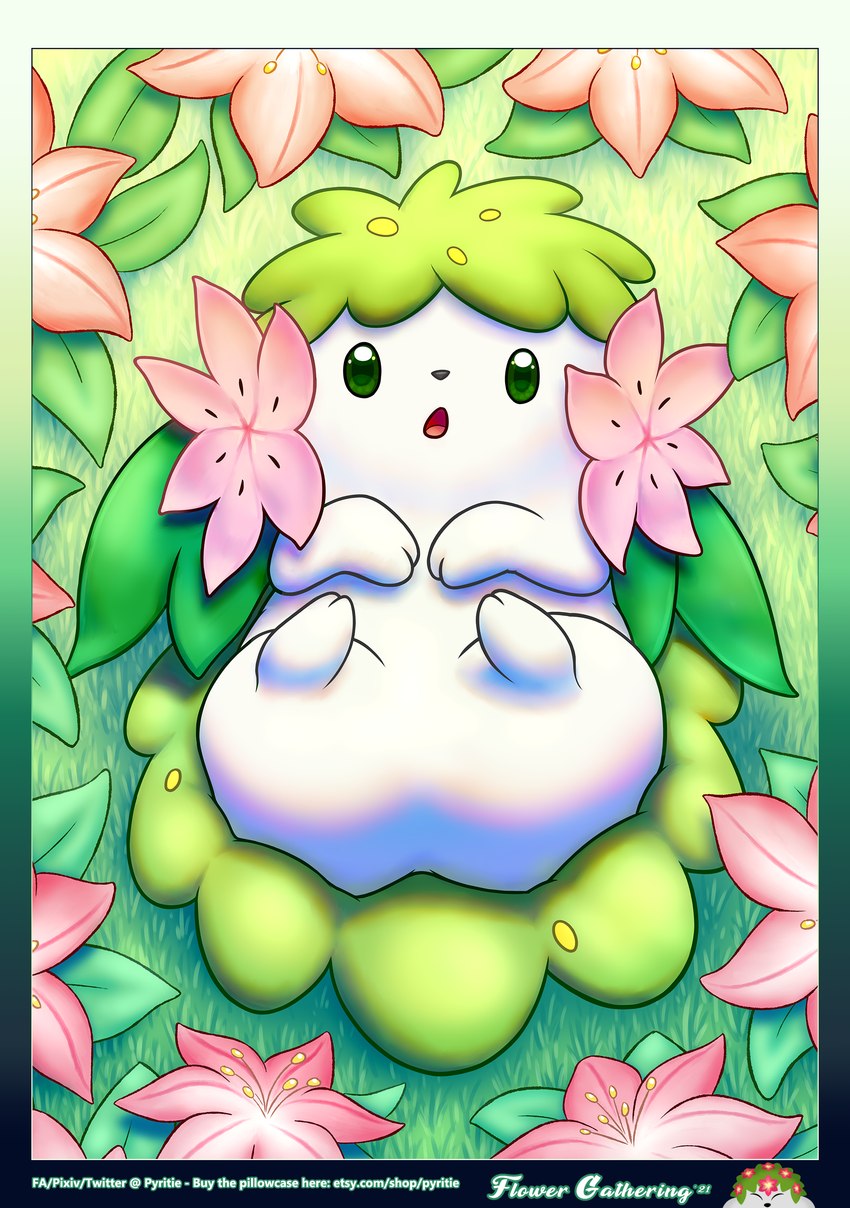 ambiguous_gender butt chibi daww featureless_crotch feral flower flower_(anatomy) gracidea_flower grass green_eyes head_flower kemono leaf looking_at_viewer lying nude on_back open_mouth outside plant solo text white_body pyritie nintendo pokemon generation_4_pokemon land_forme_shaymin legendary_pokemon pokemon_(species) shaymin 2021 absurd_res digital_media_(artwork) english_text hi_res url