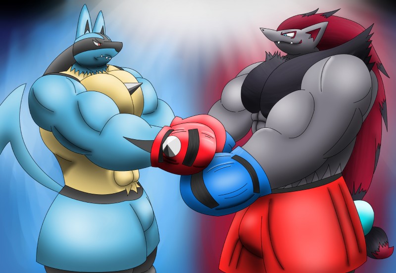 abs anthro biceps big_muscles boxing bulge clothing duo gloves handwear huge_muscles hyper hyper_muscles male muscular muscular_male pecs size_difference sport tail muscleartguy nintendo pokemon canid canine generation_4_pokemon generation_5_pokemon lucario mammal pokemon_(species) zoroark hi_res