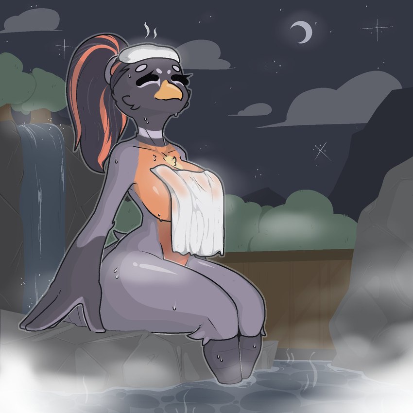 anthro beak big_breasts breasts covering covering_breasts crescent_moon eyes_closed female foot_in_water hair hot_spring moon night non-mammal_breasts partially_submerged ponytail sitting sky solo steam towel towel_only water waterfall 7th-r avian bird 1:1 hi_res