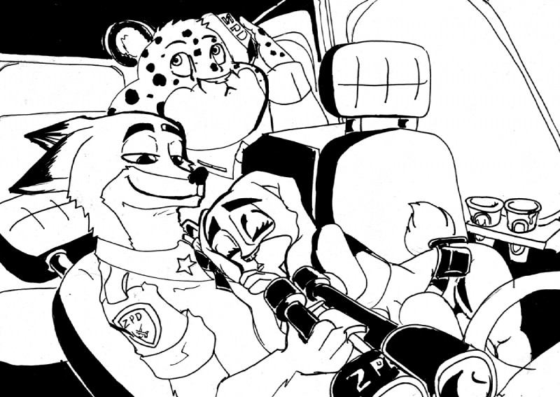 anthro binoculars clothing female group male male/female sleeping stakeout uniform zpd jinksa disney zootopia benjamin_clawhauser judy_hopps nick_wilde canid canine cheetah felid feline fox lagomorph leporid mammal rabbit red_fox true_fox black_and_white monochrome