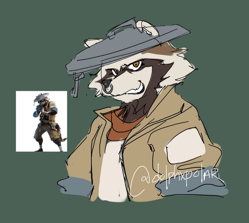 anthro biped clothed clothing facial_piercing fully_clothed fur male nose_piercing nose_ring piercing ring_piercing septum_piercing smile smiling_at_viewer smirk smirking_at_viewer solo dolphxpolar epic_games fortnite rufus_(fortnite) mammal procyonid raccoon digital_media_(artwork) guide_lines half-length_portrait hi_res portrait three-quarter_portrait