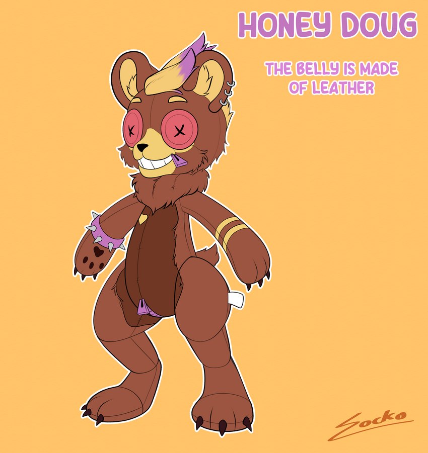 anthro brown_body button_(fastener) button_eyes doll ear_piercing fur leather male piercing plushie red_eyes smile solo tail zipper zipper_mouth sockodrawing animate_inanimate bear corrupt_fluffshie fluffshie hybrid living_doll living_plushie mammal absurd_res hi_res