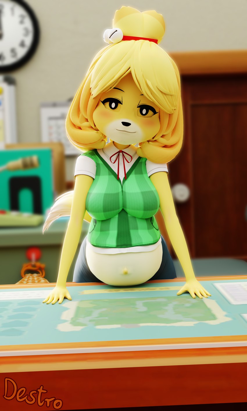 belly big_belly blonde_hair breasts clothing female fur hair looking_at_viewer multicolored_body multicolored_fur pregnant pregnant_female solo white_body white_fur yellow_body yellow_fur hdddestroyer animal_crossing nintendo isabelle_(animal_crossing) canid canine canis domestic_dog mammal shih_tzu toy_dog 3d_(artwork) absurd_res digital_media_(artwork) hi_res