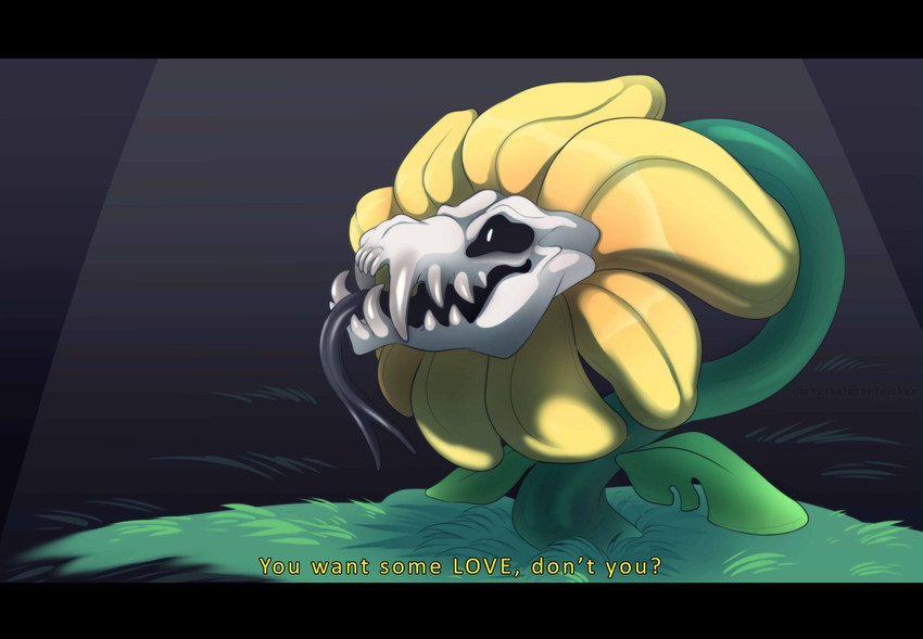 black_bars black_sclera creepy detailed_background fangs flower forked_tongue grass leaf male nightmare_fuel not_furry open_mouth petals plant scary smile solo teeth text tongue qwertydragon undertale undertale_(series) flowey_the_flower elemental_creature flora_fauna flower_creature english_text letterbox