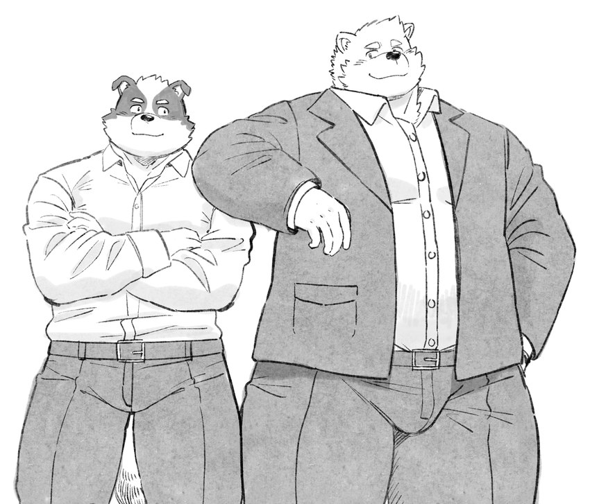 anthro bottomwear clothing duo humanoid_hands kemono male overweight overweight_male pants shirt simple_background topwear white_background sv_grart bear canid canine canis domestic_dog mammal 2023 hi_res monochrome