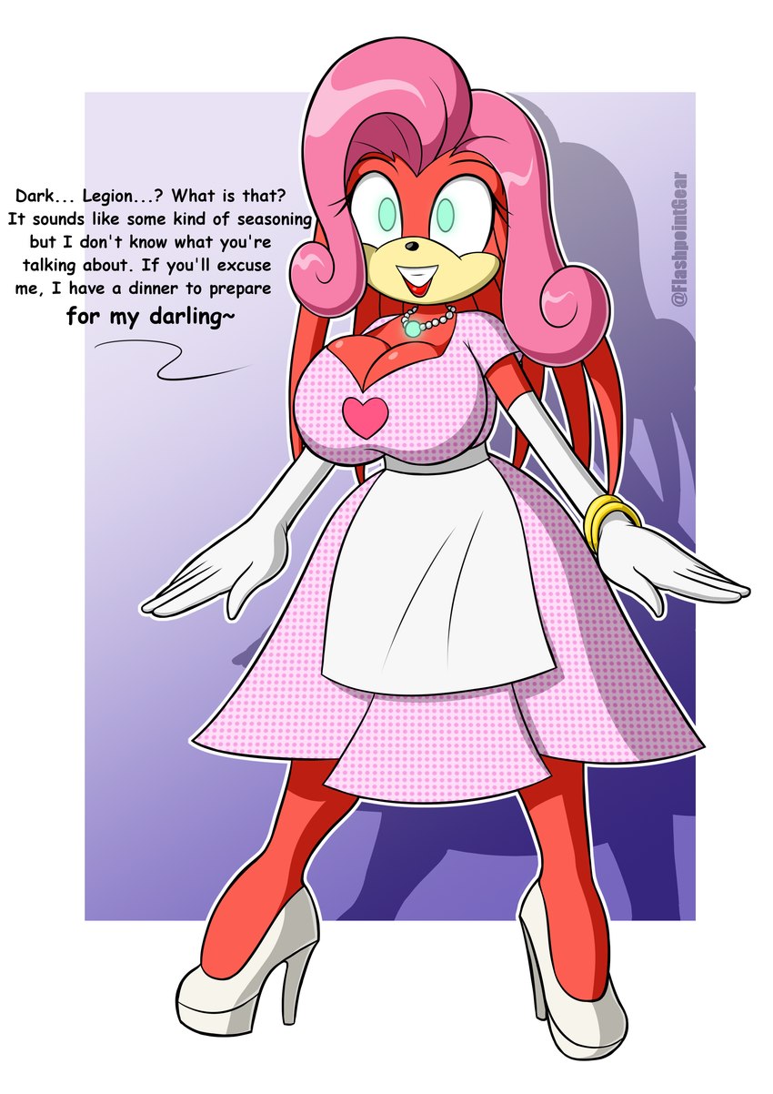 anthro apron bracelet clothing female footwear glowing glowing_eyes hair high_heels housewife housewife_outfit jewelry necklace pink_hair polka_dots shoes solo stepfordization text flashpointgear archie_comics sega sonic_the_hedgehog_(archie) sonic_the_hedgehog_(comics) sonic_the_hedgehog_(series) lien-da echidna mammal monotreme absurd_res english_text hi_res