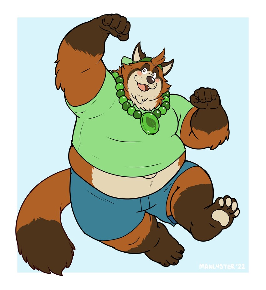 anthro belly big_belly black_nose blush bottomwear brown_body clothing hat headgear headwear humanoid_hands male overweight overweight_male shirt shorts simple_background solo topwear manlyster canid canine mammal raccoon_dog tanuki 2022 absurd_res hi_res