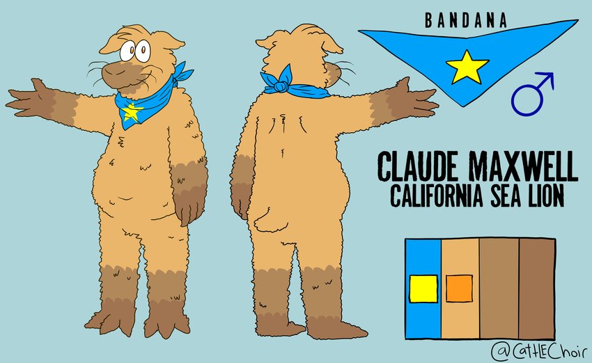 3_toes 4_fingers anthro arm_markings arm_out belly belly_fluff belly_overhang big_belly black_whiskers blue_kerchief blue_neckerchief bright_eyes brown_arms brown_body brown_feet brown_fur brown_hands brown_legs brown_nose brown_snout button_ears chest_tuft color_swatch dark_body dark_fur facial_markings featureless_crotch feet fingers floppy_ears fluffy foot_markings front_view fur fur_markings gender_symbol gloves_(marking) hand_markings head_markings head_tuft kerchief kerchief_only leg_markings long_fingers looking_at_viewer male male_symbol markings mostly_nude mouth_closed multicolored_body multicolored_fur multicolored_kerchief multicolored_neckerchief multiview navel neckerchief neckwear nose_markings open_mouth orange_eyes outline outline_text overweight overweight_male pink_body pink_mouth rear_view scruffy short_tail shoulder_blades simple_background slit_nostrils small_iris smile snout snout_markings socks_(marking) solo standing star_(shape) striped_arms striped_body striped_fur striped_legs stripes symbol tail text toes tongue tuft two_tone_kerchief two_tone_neckerchief whiskers cattlechoir kiwifruitdev claude_maxwell california_sea_lion mammal marine pinniped sea_lion 2024 absurd_res artist_name digital_drawing_(artwork) digital_media_(artwork) english_text hi_res model_sheet signature species_name