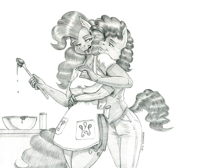 anthro anthrofied apron bottomwear clothing cutlery duo female fur hair hug hugging_another hugging_from_behind kitchen_utensils long_hair male male/female preparing_food skirt spoon tail tools baron_engel friendship_is_magic hasbro my_little_pony cheese_sandwich_(mlp) pinkie_pie_(mlp) equid equine horse mammal 2025 greyscale monochrome