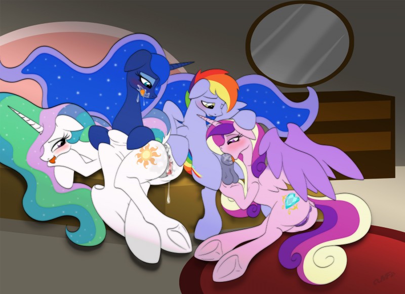 anus balls bed blush bodily_fluids cum cutie_mark erection feathered_wings feathers fellatio female feral furniture genital_fluids genitals group horn inside male mirror oral penile penis pussy sex smile tongue tongue_out wings miniferu friendship_is_magic hasbro my_little_pony mythology princess_cadance_(mlp) princess_celestia_(mlp) princess_luna_(mlp) rainbow_blaze_(mlp) equid equine mammal mythological_creature mythological_equine pegasus unicorn winged_unicorn 2016 hi_res