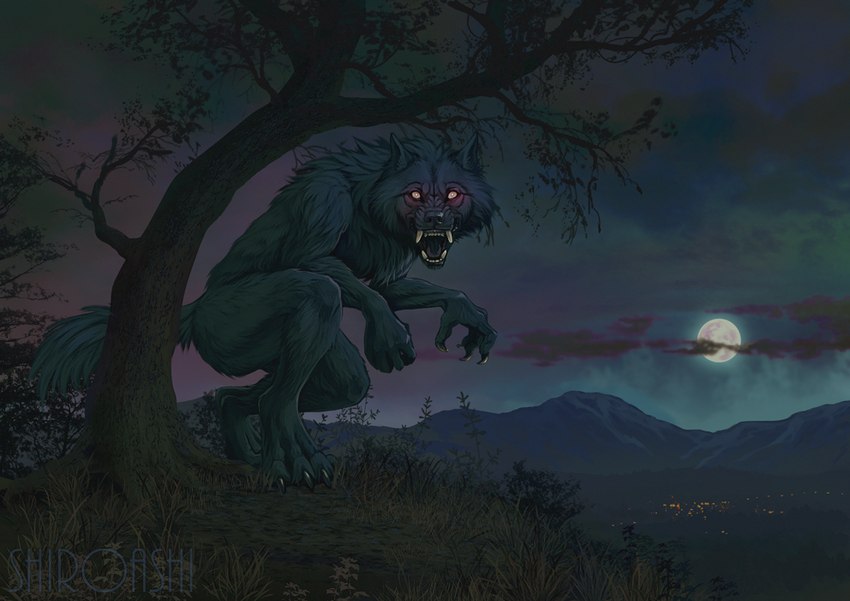 4_toes 5_fingers angry anthro athletic athletic_anthro athletic_male attack_pose black_body black_claws black_fur black_lips black_nose city_lights claws cloud crouching detailed_background digitigrade feet fingers fluffy full_moon fur glowing glowing_eyes grass imminent_danger lips logo looking_at_viewer male mane moon mountain night nude on_hill open_mouth outside paws plant raised_hackles sky snarling solo tail teeth toe_claws toes tongue tree under_tree yellow_eyes shiroashi mythology canid canine canis mammal mythological_canine mythological_creature werecanid werecanine werecreature werewolf wolf artist_logo