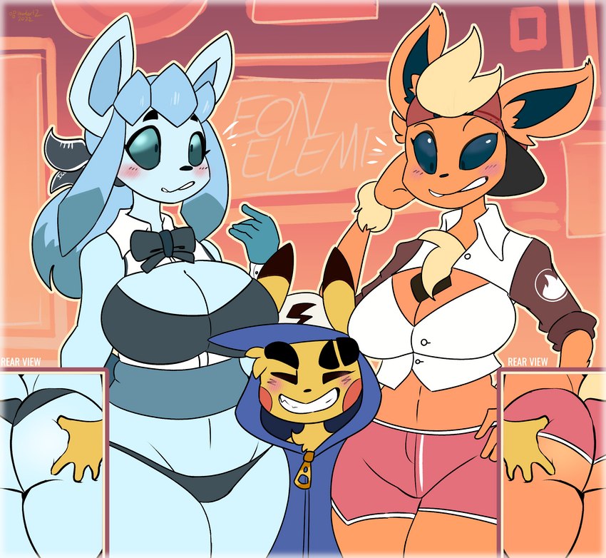 anthro big_breasts big_butt blue_body blue_fur blue_sclera blush breasts butt butt_grab cleavage clothed clothing eyes_closed female fur group hand_on_butt holowear_(pokemon) huge_butt male male/female orange_body orange_fur short_male smile yellow_body yellow_fur hambor12 nintendo pokemon pokemon_unite hip-hop_style_pikachu kutsa_(kilinah) lena_(kilinah) lucy_(kilinah) eeveelution flareon generation_1_pokemon generation_4_pokemon glaceon pikachu pokemon_(species) hi_res