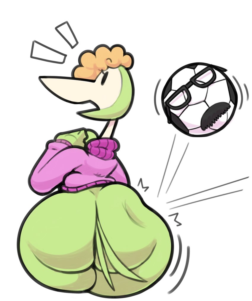 anthro ball beak big_butt bottomless butt butt_slap clothed clothing duo eyelashes eyewear female glasses green_body hair jacket jacket_only motion_lines multicolored_body orange_hair simple_background slap soccer soccer_ball sport surprised_expression tail tan_body topwear topwear_only white_background unknown_artist 31_minutos balon_von_bola patana avian bird hi_res