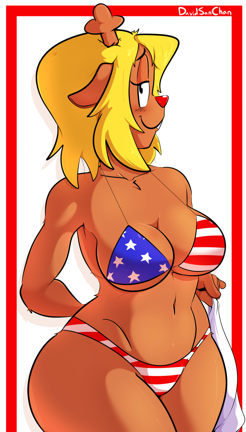 american_flag_bikini anthro antlers big_breasts bikini blonde_hair blush breasts brown_body brown_fur buckteeth cleavage clothed clothing eyebrows eyelashes female flag_bikini fur hair half-closed_eyes horn legs_together looking_at_viewer midriff narrowed_eyes navel red_nose short_hair smile solo standing swimwear teeth text thick_thighs two-piece_swimsuit wide_hips davidsanchan deltarune undertale_(series) noelle_holiday deer mammal 2025 absurd_res artist_name hi_res