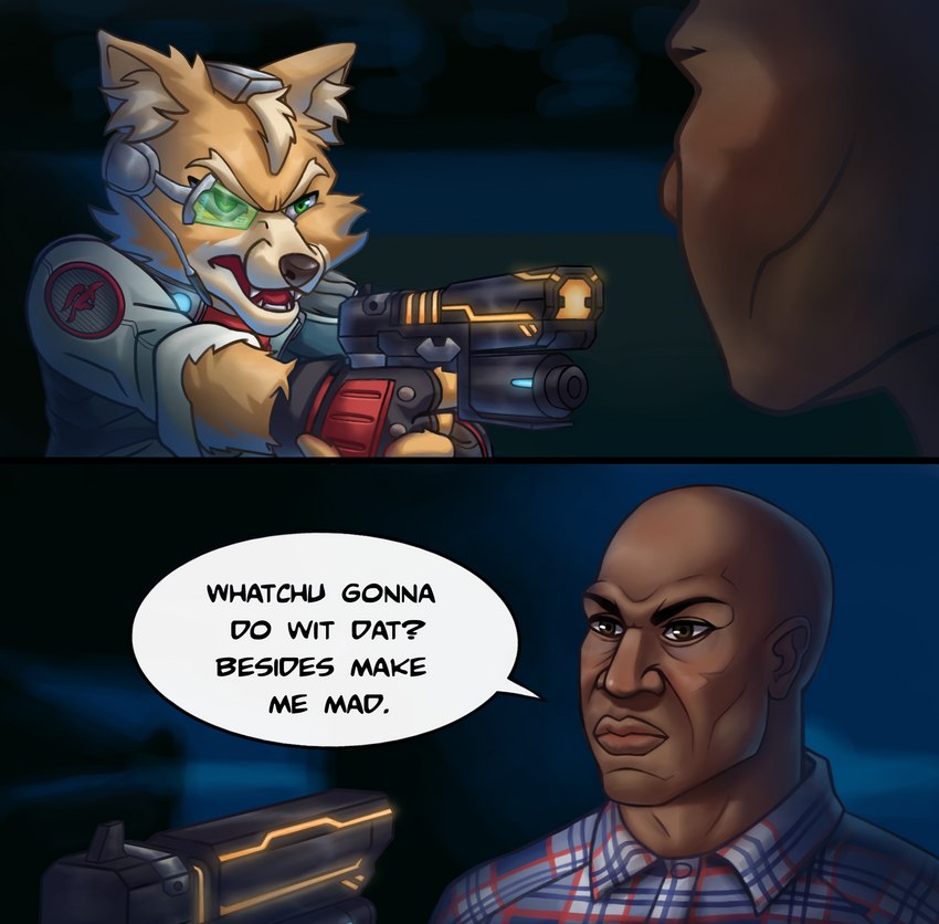 aiming_weapon angry anthro bald blaster brown_body brown_eyes brown_fur clothing dialogue duo fangs flannel_shirt frown fur furrowed_brow gloves green_eyes growling handwear jacket male night outside pointing_gun scowl speech_bubble star_fox_symbol staredown teeth text threatening threatening_with_weapon topwear weapon flaviomodezto friday_(movie) nintendo star_fox deebo_(friday) fox_mccloud canid canine fox human mammal absurd_res comic english_text hi_res