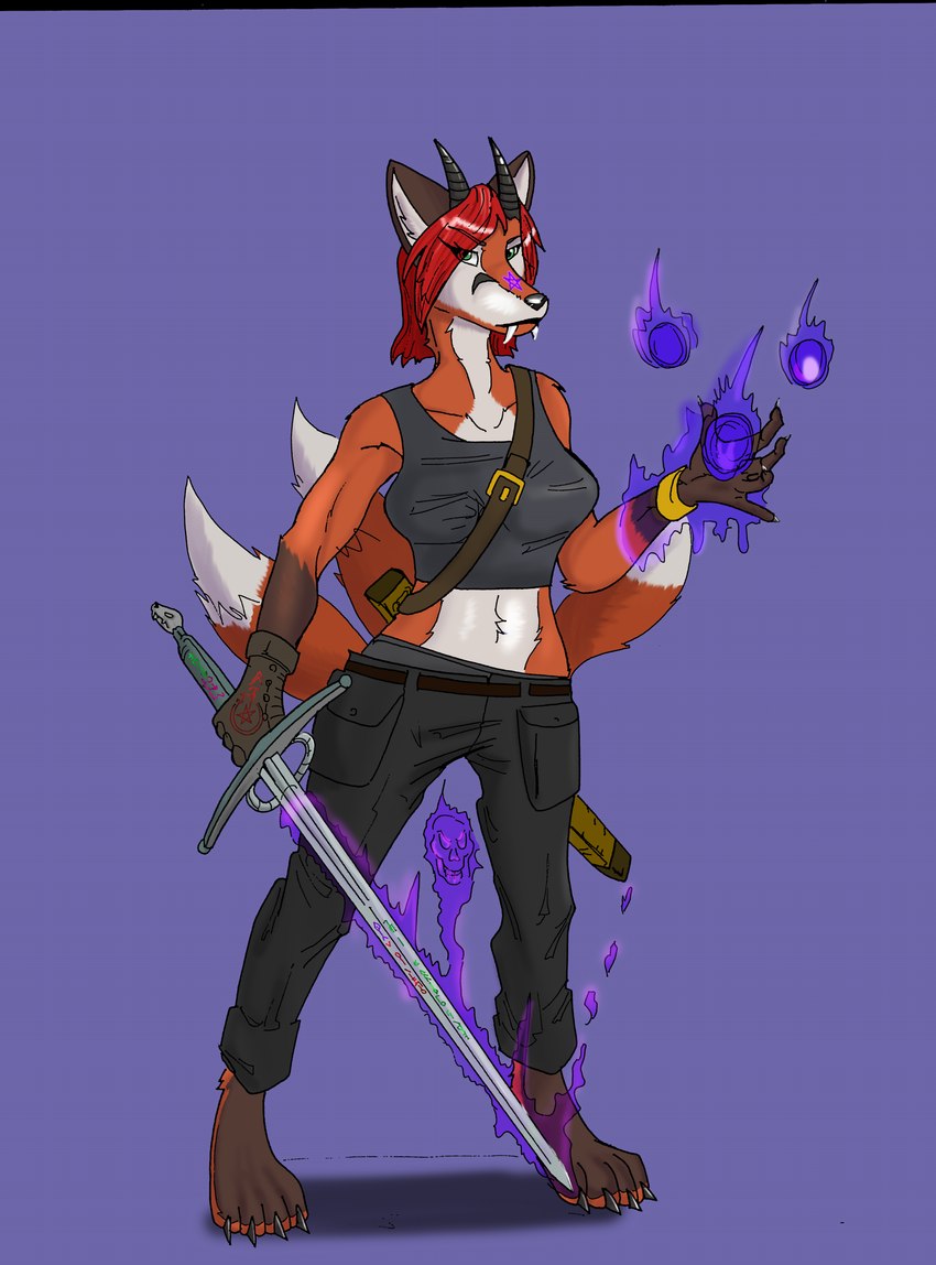 3_tails anthro blade clothed clothing fantasy female horn magic magic_user melee_weapon multi_tail solo spell sword tail weapon rickwulfk95 kitzune madfox canid canine demon fox mammal absurd_res hi_res smaller_version_at_source