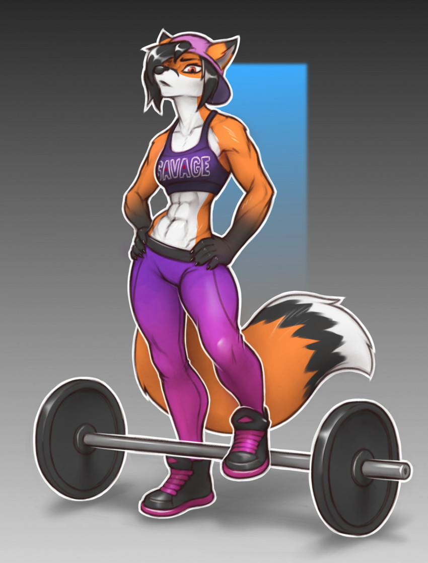 abs anthro athletic athletic_anthro athletic_female backwards_baseball_cap backwards_hat barbell baseball_cap black_ear_tips black_hair black_markings black_nose bottomwear bra breasts clothed clothing countershade_face countershade_neck countershade_torso countershading dipstick_ears dipstick_tail ear_markings female footwear fur gloves_(marking) hair hat headgear headwear markings midriff multicolored_body multicolored_ears multicolored_fur muscular muscular_anthro muscular_female navel orange_body orange_fur pants purple_bottomwear purple_bra purple_clothing purple_pants purple_sports_bra purple_underwear shoes sneakers solo sports_bra standing streetwear tail tail_markings tomboy two_tone_body two_tone_fur underwear weights white_body white_countershading white_fur white_tail_tip ileya rosaline_(bronx23) canid canine fox mammal red_fox true_fox 2020 digital_media_(artwork) hi_res