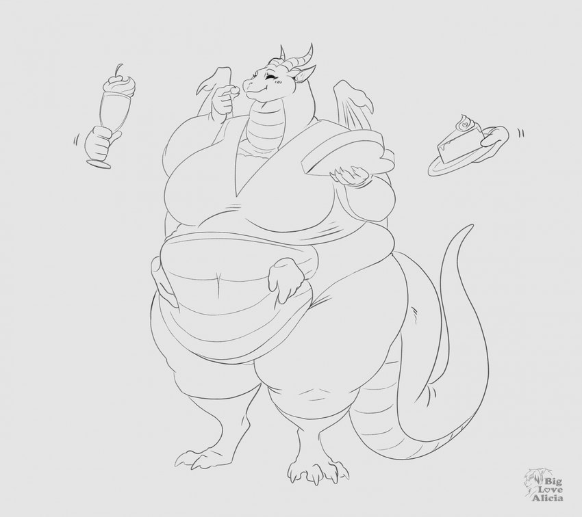 2_horns anthro belly_overhang beverage big_breasts bloated breasts cake candy cheek_bulge chocolate claws clothed clothing dessert digitigrade ears_back eating eating_food exposed_belly eyes_closed feederism female finger_claws food fully_clothed hand_on_belly horn hyper membrane_(anatomy) membranous_wings milkshake muffin_top navel obese overweight overweight_female pivoted_ears scales simple_background smile solo tail thick_arms thick_neck thick_tail thick_thighs toe_claws ventral_scales wide_hips wings biglovealicia european_mythology mythology dragon mythological_creature mythological_scalie scalie western_dragon 2023 black_and_white hi_res line_art monochrome signature