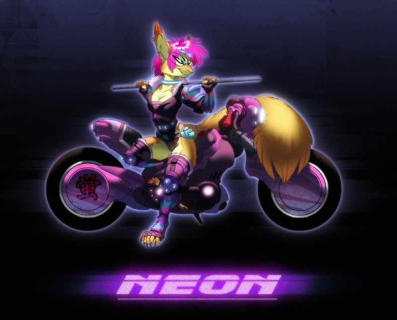 armor big_ears bikini cjk_character claws clothing collar ear_piercing eyewear fanny_pack female fluffy fluffy_ears fluffy_tail fur gauntlets gloves glowing goggles hair handwear leggings legwear leotard lights long_tail motorcycle neon piercing pink_claws pink_hair shoulder_pads simple_background sitting smile smirk solo staff swimwear tail toe_claws two-piece_swimsuit unzipped vehicle yellow_body yellow_fur zipper reaganlodge mammal rodent sciurid tree_squirrel cyber_(disambiguation)