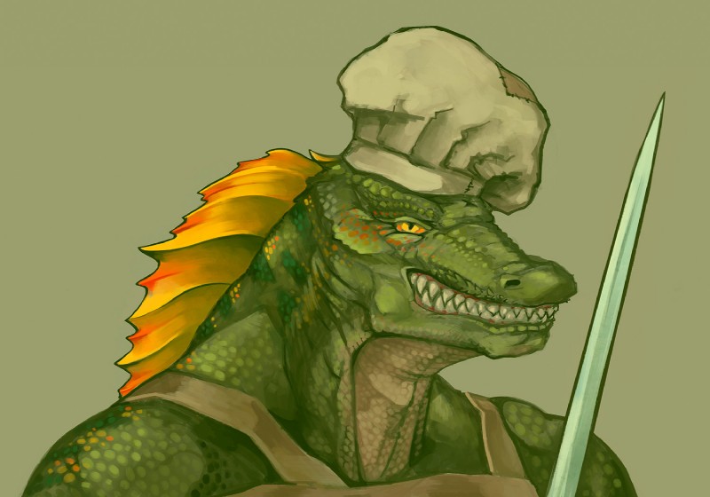 anthro chef_hat clothed clothing green_body green_scales hat headgear headwear looking_at_viewer scales sharp_teeth simple_background solo teeth armpitcore420 reptile scalie