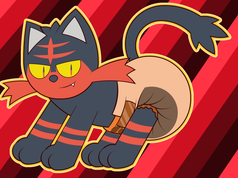 ambiguous_gender black_body black_fur clothing diaper fangs feral fur looking_at_viewer orange_diaper pattern_background paws red_body red_fur simple_background smile solo standing striped_background teeth yellow_eyes rhodolite nintendo pokemon felid generation_7_pokemon litten mammal pokemon_(species) 2016 4:3 hi_res