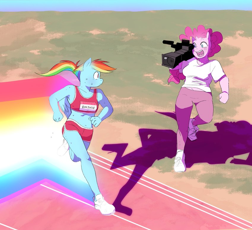 anthro anthrofied blue_body blue_fur bodily_fluids camera cameraman clothing female footwear fur hair multicolored_hair pink_body pink_fur pink_hair race rainbow_hair rainbow_trail running shoes sneakers sweat sweatdrop wings aztrial friendship_is_magic hasbro my_little_pony mythology pinkie_pie_(mlp) rainbow_dash_(mlp) earth_pony equid equine horse mammal mythological_creature mythological_equine pegasus pony hi_res