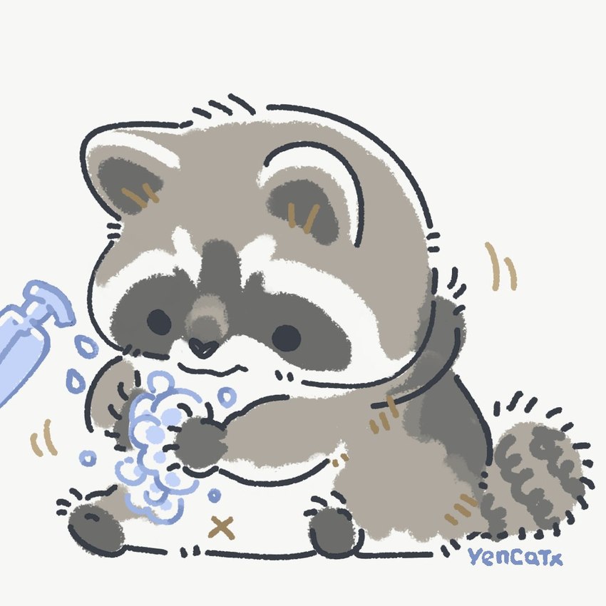 black_eyes black_nose chibi dot_eyes feral fur grey_body grey_fur hand_sanitizer navel simple_background sitting slightly_chubby soap soap_pump solo washing_hands white_background x_navel yencatx mammal procyonid raccoon 1:1 2021