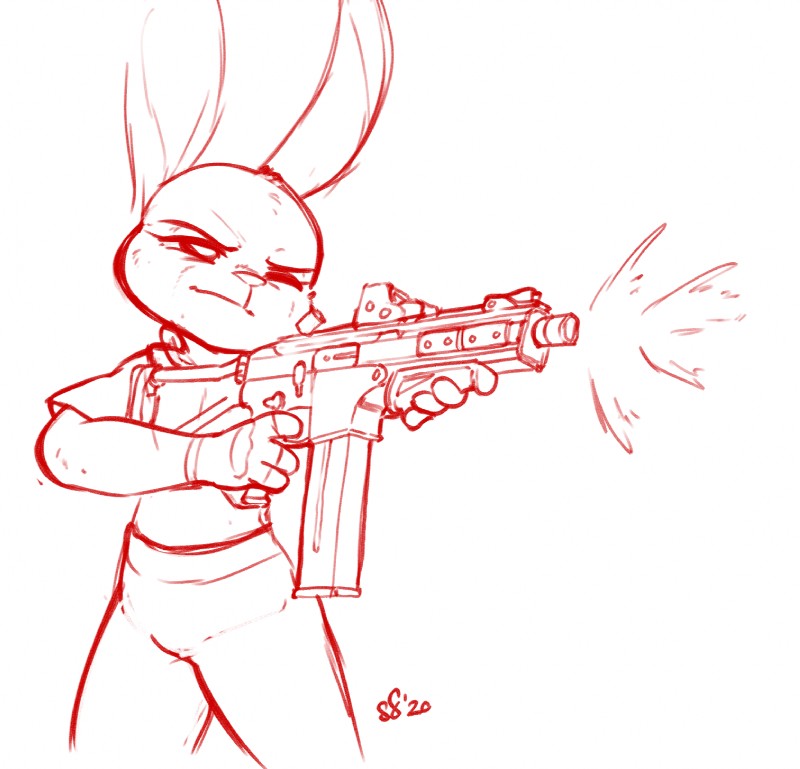 anthro clothed clothing fully_clothed fur gun holding_gun holding_object holding_ranged_weapon holding_weapon one_eye_closed ranged_weapon shooting simple_background solo spent_casing standing submachine_gun weapon white_background alec8ter conditional_dnp disney zootopia judy_hopps lagomorph leporid mammal rabbit 2020 hi_res monochrome red_and_white sketch