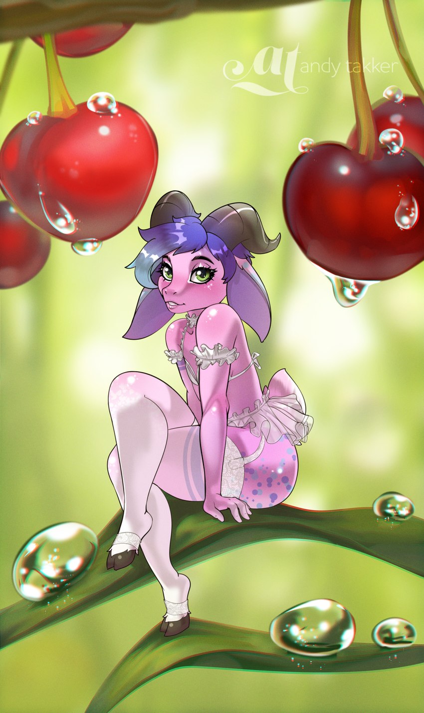 anthro cherry clothing femboy food fruit fur hooves horn legwear lingerie male nature nature_background plant playful purple_body purple_fur sitting stockings water andytakker belial_the_goat bovid caprine goat mammal hi_res