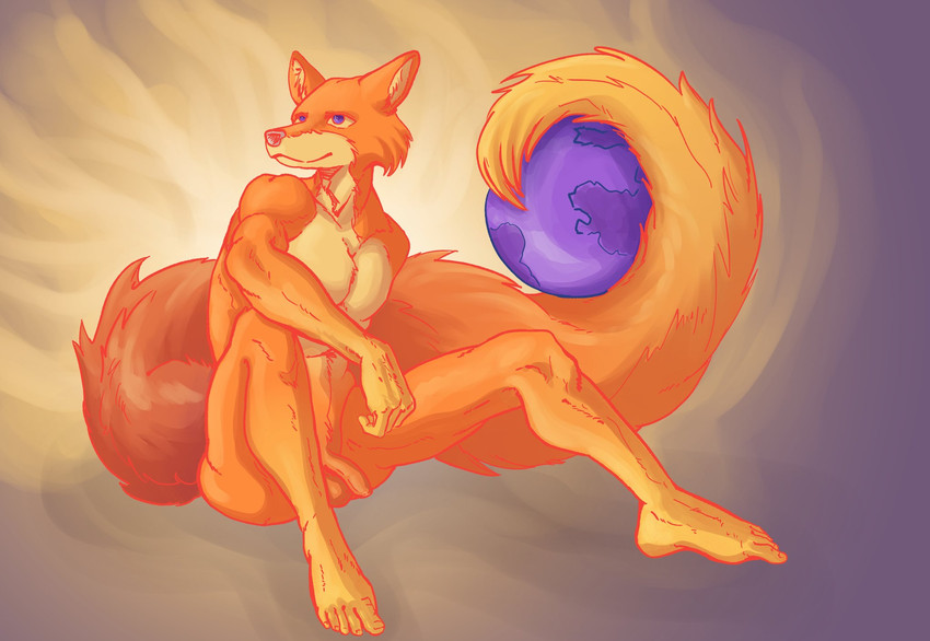 anthro anthrofied athletic athletic_anthro athletic_male balls earth feet flaccid fluffy fluffy_tail foreskin fur genitals humanoid_feet humanoid_genitalia humanoid_penis male multicolored_body multicolored_fur nude orange_body orange_fur penis planet plantigrade sitting smile solo tail two_tone_body two_tone_fur ffog firefox mozilla canid canine fox mammal 2021 hi_res