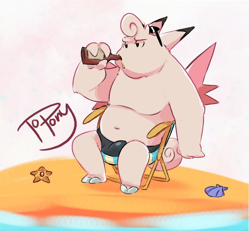 alcohol beach beach_chair beer beer_bottle beverage bottle bulge clothing container curling_tail detailed_bulge eyewear genital_outline hair male navel penis_outline pink_body pompadour seaside simple_background slightly_chubby solo speedo sunglasses swimwear tail water wings topony nintendo pokemon clefable generation_1_pokemon marine pokemon_(species) staryu 2018