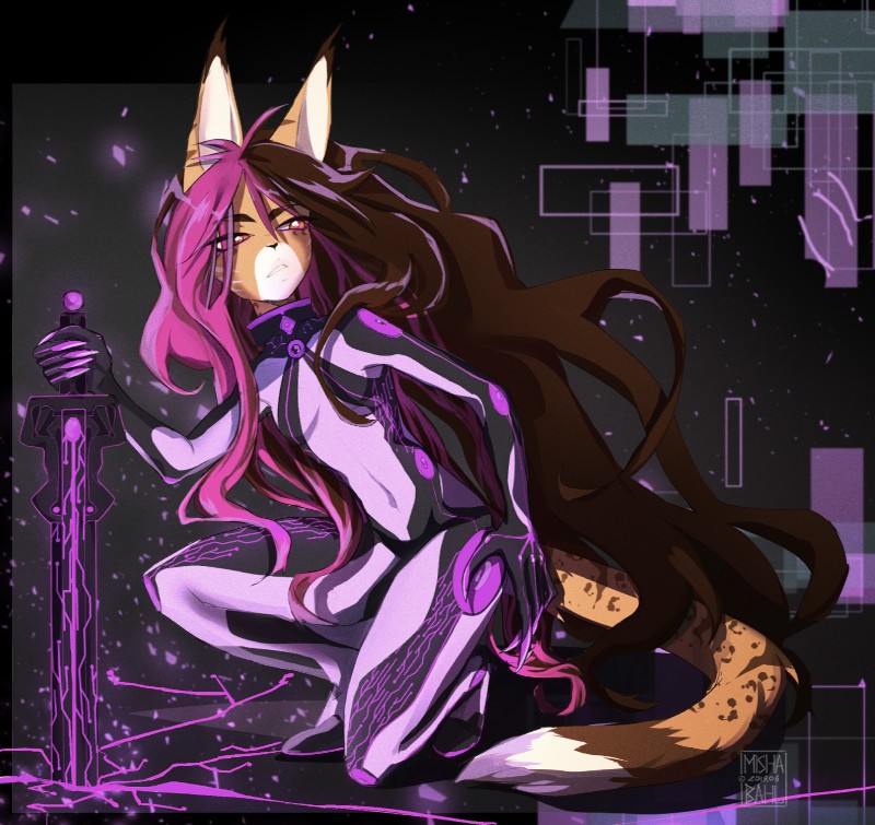 anthro biped bodysuit breasts brown_hair claws clothed clothing crossgender crouching cybernetics cyberpunk cyberspace digitigrade female fur hair long_hair machine melee_weapon multicolored_hair orange_eyes pink_hair plugsuit purple_clothing purple_hair simple_background skinsuit small_breasts solo spacesuit suit sword teeth tight_clothing tight_suit warrior weapon yellow_body yellow_fur mishabahl neon_genesis_evangelion arlen_tawny domestic_cat felid feline felis lynx mammal cyber_(disambiguation) 2019 alpha_channel digital_media_(artwork) hi_res