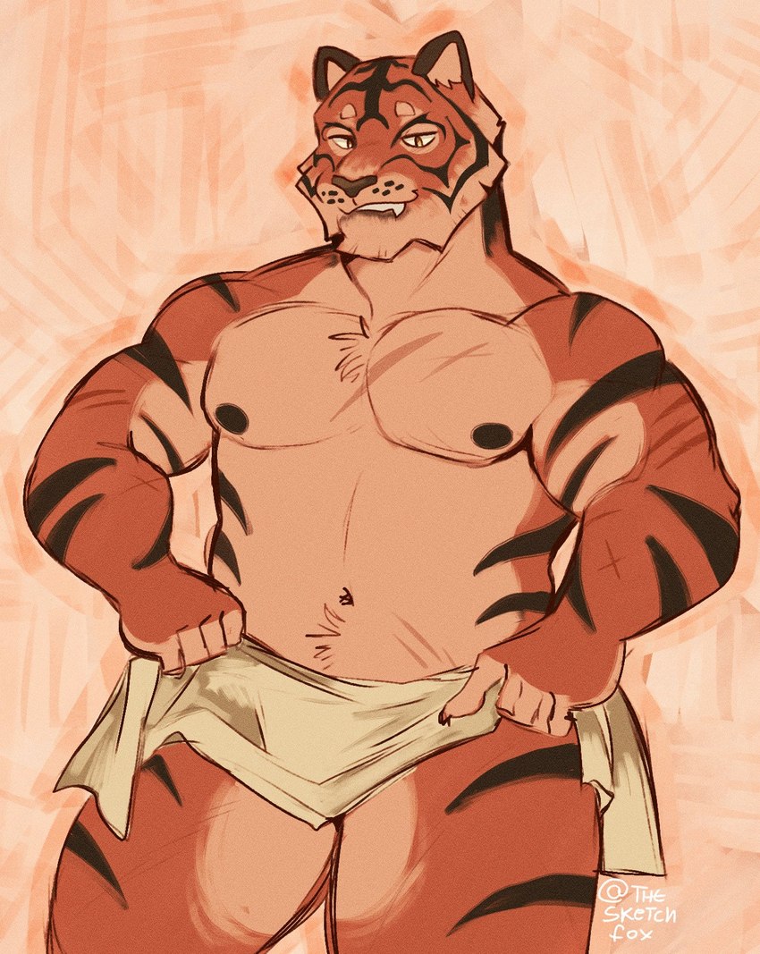 anthro bottomwear clenched_teeth clothed clothing fur loincloth loincloth_only male nipples partially_clothed scar solo striped_body striped_fur stripes teeth teeth_showing topless thesketchfox epic_games fortnite oscar_(fortnite) felid mammal pantherine tiger hi_res